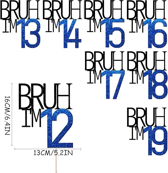 Bruh I'm 16 Cake Topper - Bro I'm 16, Happy Sweet 16 Ornament for Boys' 16th Birthday Party Supplies (blue 16)