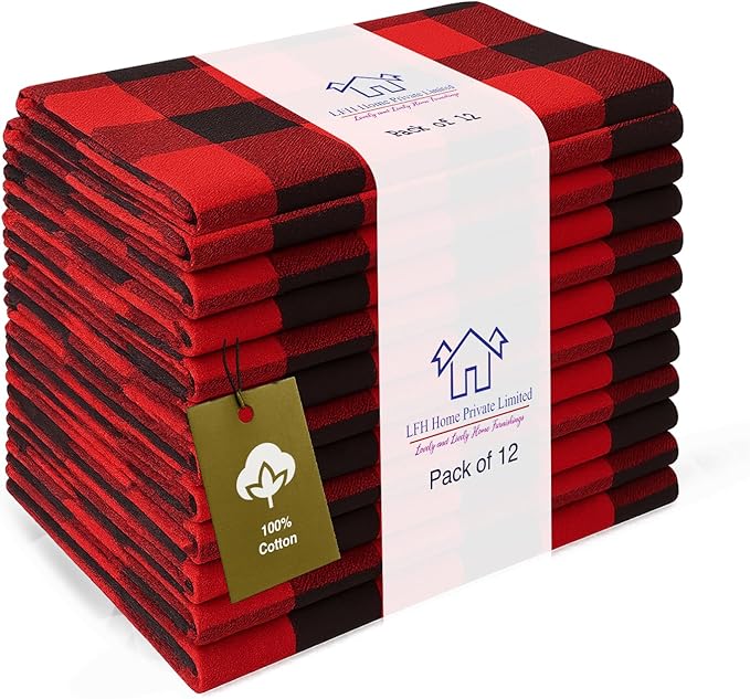 LFH Home 100% Cotton Cloth Reusable Dinner Napkins Set of 12 Washable Soft Decorative Buffalo Plaid Gingham and Checkered Table Napkins for Holidays Wedding Farmhouse Decor 18x18 Inch-Red & Black
