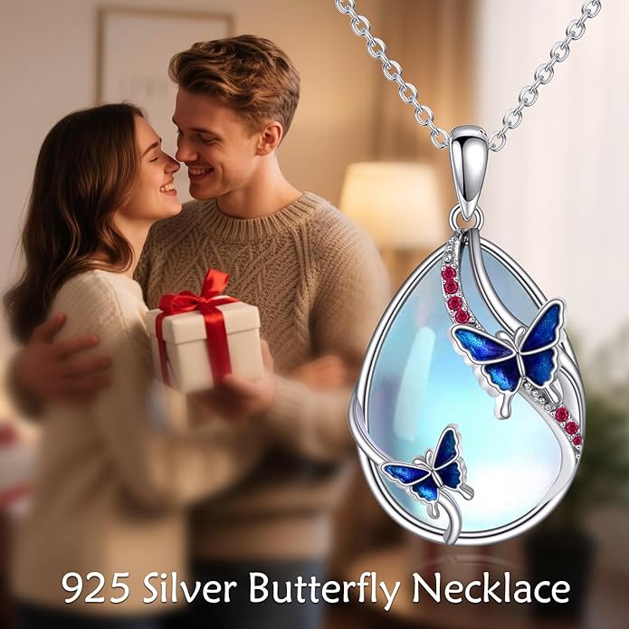 KQF Dragonfly/Butterlfy/Cat/Jellyfish/Bunny/Axolotl/Bee/Mermaid/Hummingbird/Elephant Necklace for Women Sterling Silver Moonstone Pendant Necklace Dragonfly Jewelry Gifts for Women