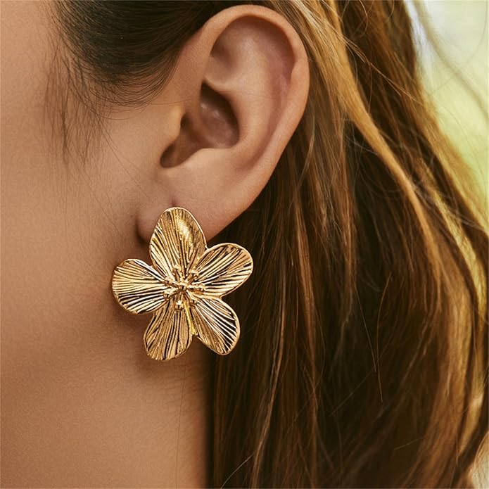 Flower Earrings for Women,Boho Statement Large Double Flower Earrings Trendy Chunky Floral Stud Earrings Elegant Chic