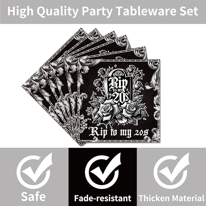 96Pcs Death to My 20s Decorations Disposable Tableware Set - RIP to My 20s Birthday Paper Plates Napkins Forks Dirty 30 Birthday Decorations for Her Him Party Supplies Serve 24 Guests
