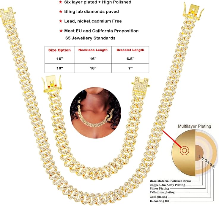 HH BLING EMPIRE 14k Gold/Silver Cuban Link Chain for Women Iced Out Diamond Chunky Cuban Link Necklace Chain Bracelet 2pcs Sets