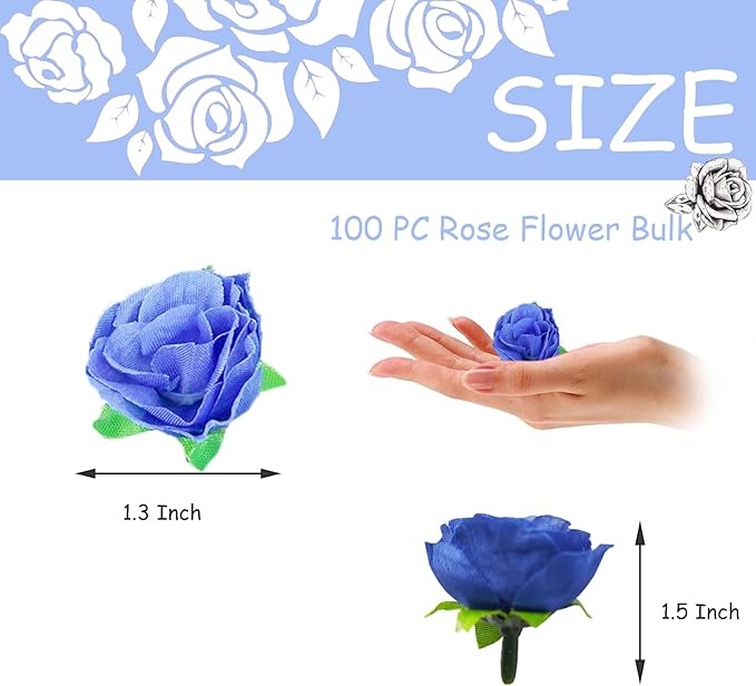 100pcs Blue Roses Flower Bulk Fake Mini Blue Rose Heads Artificial Flower Blue Roses for Crafts Romantic Home Party Decor 1.3 Inch
