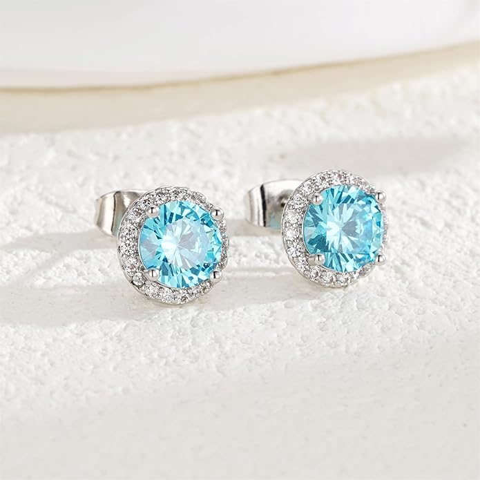 YOMELA Cubic Zirconia Earrings Studs, Halo CZ Birthstone Simulated Diamond Stud Earrings for Women