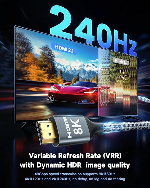 ARISKEEN 8K HDMI Cable 8FT 2-Pack, 48Gbps High Speed HDMI 2.1 Cable, 8K 60Hz, 4K 120Hz 144Hz Support for HDR 10, HDCP 2.2 2.3, eARC, DTS:X, Braided HDMI Cord Compatible with Laptop/HDTV - 8 Feet