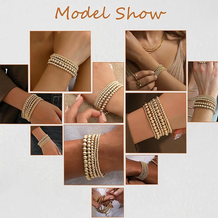 Valentines Day Gifts for Her Teen Wife Gold Beaded Bracelets for Women, 5 Pcs Dainty 14K Gold Plated Chunky Stretch Bead Ball Bracelet Stack