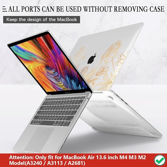CISSOOK for MacBook Air 13.6 inch Case A3240 A2681 A3113 Release 2022 2023 2024 2025, Plastic Hard Shell Case Keyboard Cover for MacBook Air 13 inch M2 M3 M4, Gold Floral Blossom