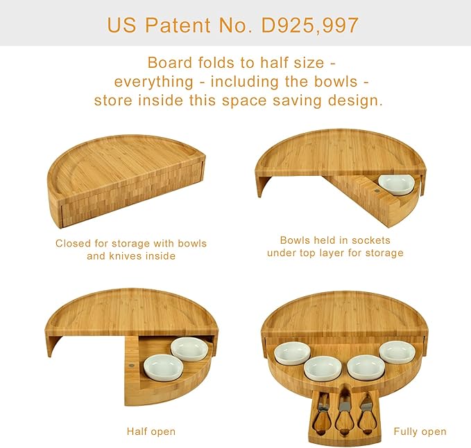 Picnic at Ascot Deluxe Bamboo Cheese/Charcuterie Board with Accessories & Cheese Markers - Innovative Patented Design - Quality Assured in The USA