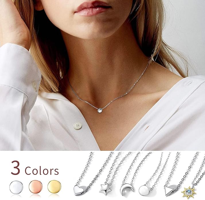 ChicSilver Personalized 925 Sterling Silver Dainty Small Heart/Star/Moon/Dot/Triangle Pendant Necklace for Women, Silver/Gold/Rose Gold/Black (with Gift Box)