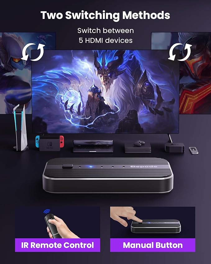 HDMI Splitter with Remote, 5 in 1 Out 4K@60Hz Elepode HDMI Switch, HDMI 2.0 Switch Box Hub for 3D, HDCP2.2, HDR, Compatible with Xbox, PS5/4/3, Fire Stick Roku Blu-Ray Player