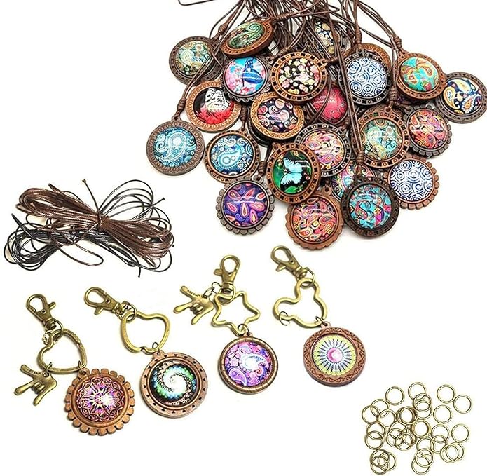ToBeIT Bezel Pendant Trays Round Wooden and Glass Cabochon Round Clear Dome for DIY Crafting Photo Jewelry Making