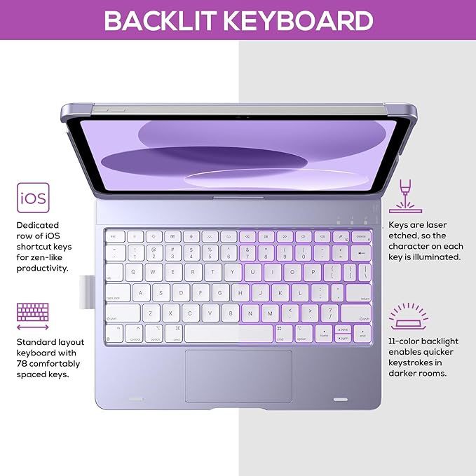 typecase Touch iPad 10th Generation Case with Keyboard (10.9", 2022) and iPad A16 (11th Gen, 2025) – 360° Rotatable, 11-Color Backlit, Multi-Touch Trackpad, Thin & Light (Light Purple)