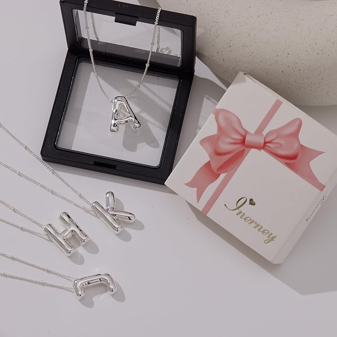 Inerney Valentines Day Gifts Gold Bubble Letter Necklace Initial Necklaces for Women, Chunky 14K Plated Balloon Initials, Trendy Charm Non Tarnish Custom Name Pendant Jewelry Gifts for Mom