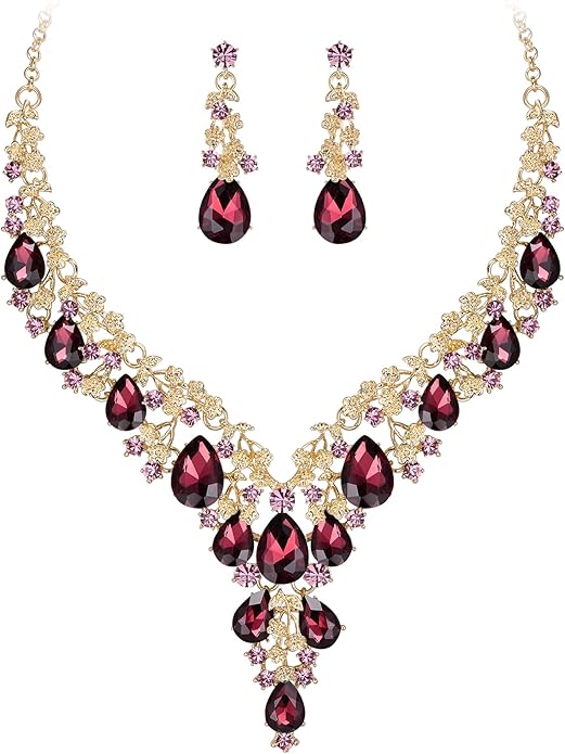 BriLove Women's Wedding Bridal Austrian Crystal Teardrop Flower Cluster Statement Necklace Dangle Earrings Jewelry Set for Party Prom