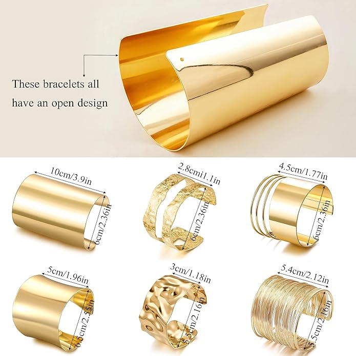 6 Pcs Chunky Golden Cuff Bracelets for Women Open Adjustable Arm Bracelet Golden Wrist Cuff Wrap Bracelet