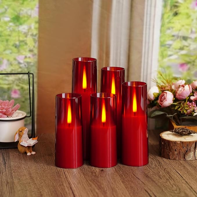 Flameless LED Candles, Upgraded Realistic 5 Pcs Flickering Flame Pillar Candles, Battery Operated Candles with Remote Timer, for Romantic Ambiance and Home Decoration (Red)