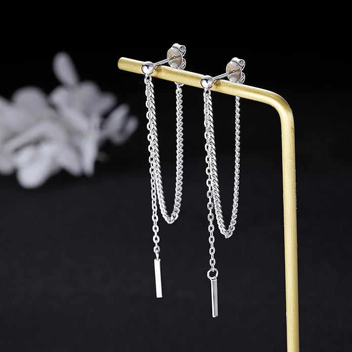 SLUYNZ Solid 925 Sterling Silver Bar Dangle Earrings for Women Minimalist Dangle Earrings Threader Chain