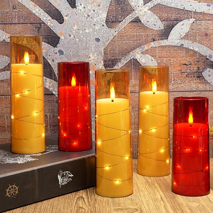 Flameless Candles with Embedded Star String, Battery Operated LED Pillar Candles with Timer and Remote Control,Home Decorating for Ambiance， Set of 7 (Gold)