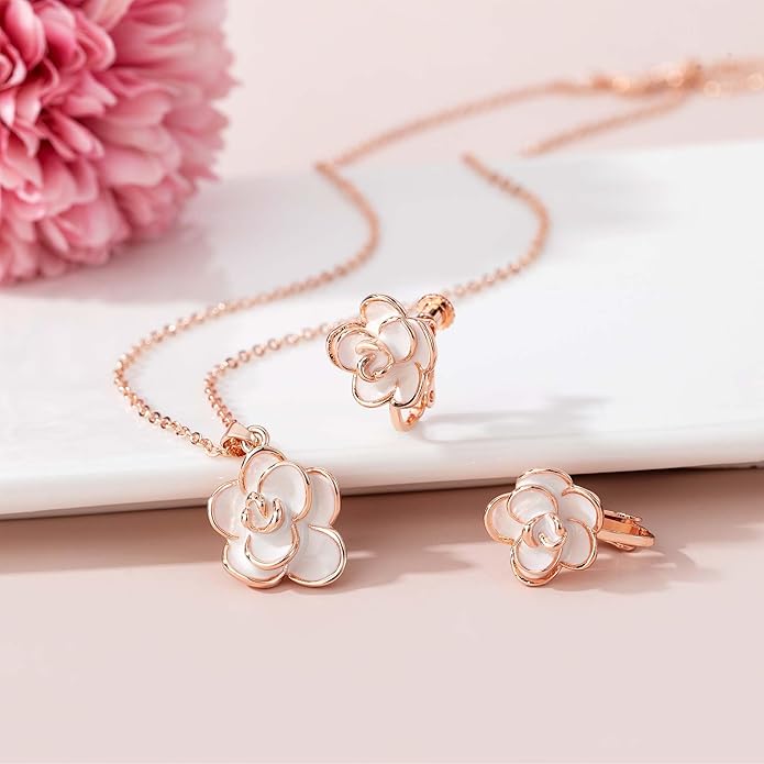 Dainty Rose Flower Pendant Necklace Clip On Earrings Set for Women 14K Gold Plated Hypoallergenic Jewelry Sets