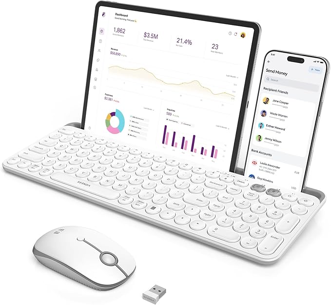 seenda Bluetooth Keyboard and Mouse for iPad, CTU-301 Multi-Device Bluetooth + 2.4G Wireless Keyboard Mouse with Tablet Holder for MacBook/Windows Computer, iOS/Andriod Tablet Phone, White