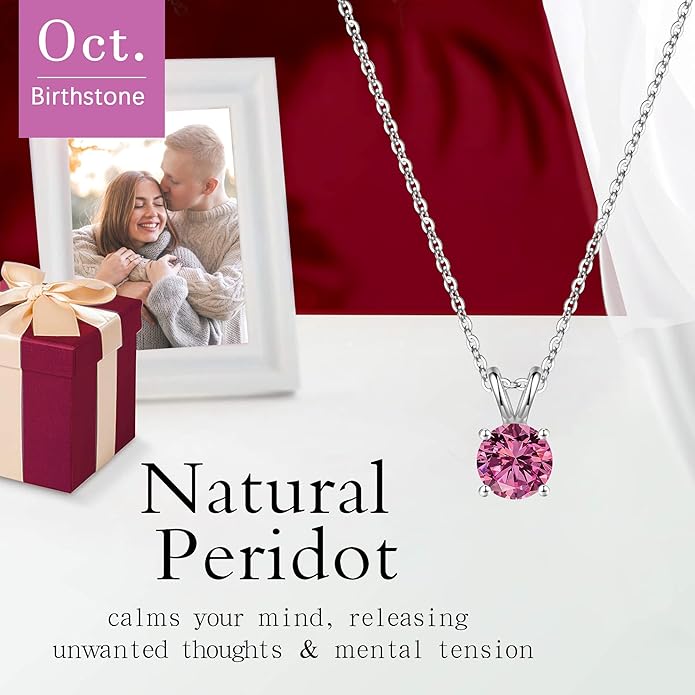 SMILEST Birthstone Necklace for Women Mom Wife, 1ct Sparkle Round Cut Birthstone Pendant 925 Sterling Silver Necklace Gifts for Women Mom Wife Friend