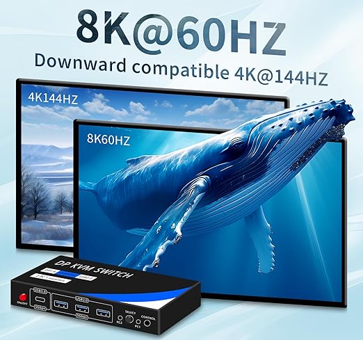 kvm Switch 1 Monitors 2 Computers 8K@60HZ，4K@120HZ，4 Port USB3.0（with 1 USB C,displayport kvm switches,dp kvm Switch 2 Computers 1 Monitor,Supports Multiple Operating Systems.