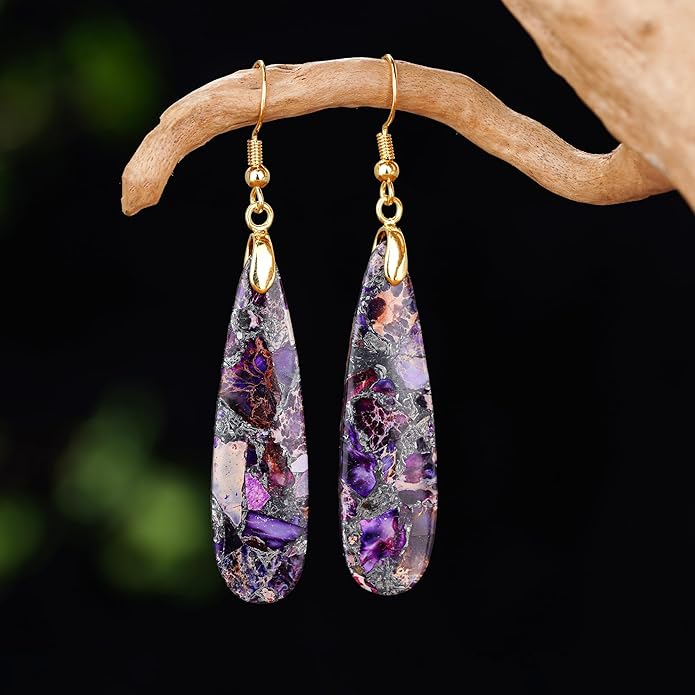 Boho Women Natural Stone Earrings Unique Healing Imperial Jasper Gemstone Energy Hypoallergenic Lightweight Dangle Drop Earrings Multiple Styles Earrings Jewelry for Birthday Party Gift