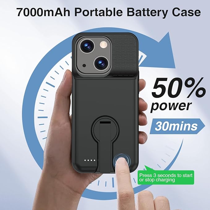 Battery Case for iPhone 15/15 Pro, Charging Case with Stand 7000mAh Rechargeable Ultra-Slim Anti-Fall Protection Extended Battery Pack Charger Cover for iPhone 15/15 Pro Battery Case 6.1" Black