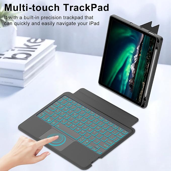 Touch for iPad 9th/8th/7th Generation Case with Keyboard 10.2 Inch, Multi-Touch Trackpad, 7 Color Backlit, Detachable Magnetic Folio Cover with Pencil Holder for iPad Air 3rd Gen/iPad Pro 10.5" Black