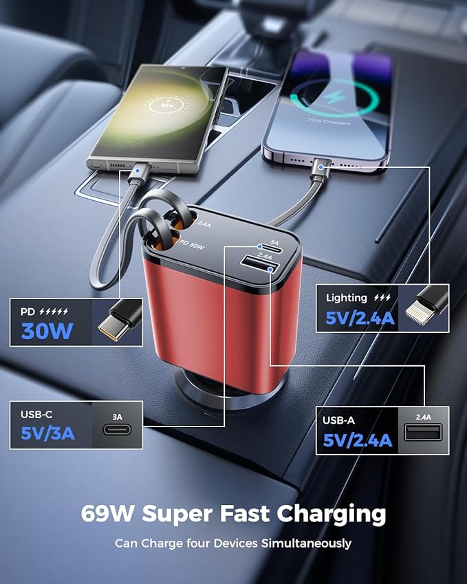 [2024 Upgraded] 4 in 1 Retractable Car Charger, SUPERONE Smaller Fast Car Phone Charger 69W with Cord, USB C and iPhone Car Charger Adapter, Compatible iPhone 15/15 Pro Max/14/13/12/11, Sumsung