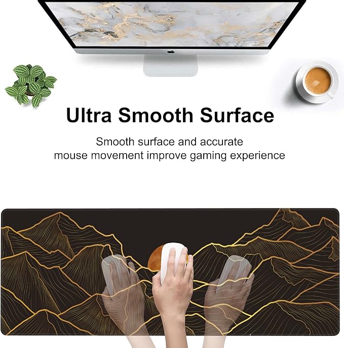 Golden Mountain and Moon Desk Mat,Large Luxury Gold Line Art Gaming Keyboard Mouse Pad,Non-Slip Rubber Base Desk Pad Thick Stitched Edges Waterproof Mousepad Mouse Mat 31.5"x11.8"