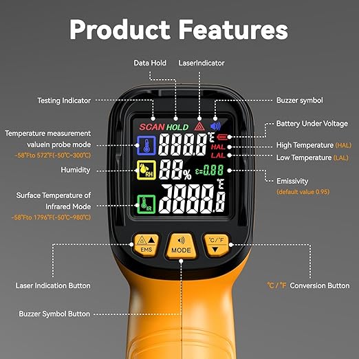 Infrared Thermometer Temperature Gun -58°F to 1796°F, 50:1 Dual-Mode Temp Guns with K-Type Thermocouple for Internal Readings, HVAC Contactless Lazer IR Thermometers for Home & Industry