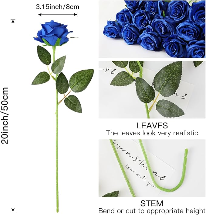 Tifuly 50 Pcs Blue Roses Artificial Flowers Bulk,Realistic Long Stem Fake Silk Roses for Wedding Centerpiece Table Vases Party Home Kitchen DIY Bouquets Decor