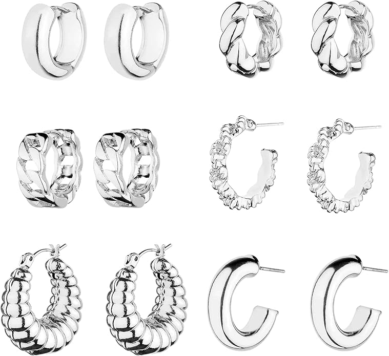 Wgoud Chunky Hoop Earrings Set 14K Gold Plated Hoop Earrings for Women Hypoallergenic, Thick Twisted Huggie Hoops Earring Set