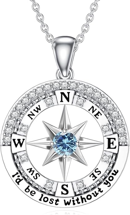 Compass Birthstone Necklace Gift for 2025 Graduation 925 Sterling Silver Compass ‘I'd be Lost Without You’ Pendant Necklaces Jewelry for Women Her Wife Gift for Birthday Anniversary