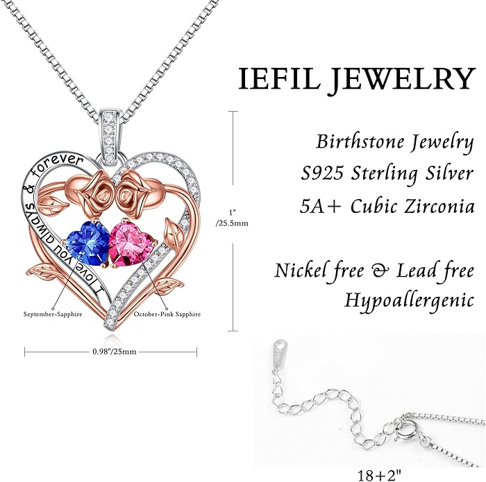 Iefil Valentines Gifts for Her Wife Women - Rose Heart Double Birthstone Necklace Gift for Wife Girlfriend Her Women, Birthstone Jewelry Gemstone Birthday Gifts for Mom Grandma Her