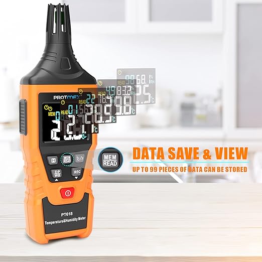 Protmex PT618 Temperature Humidity Meter, Thermometer Hygrometer Monitor with Ambient, Dew Point, Wet Bulb for Indoor/Outdoor MIN, MAX, Data Hold, LCD Backlight