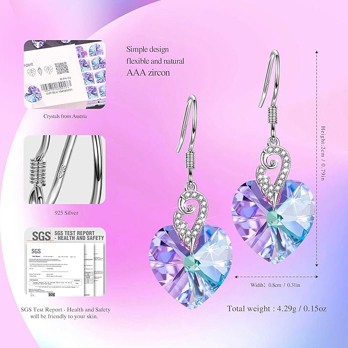 Kate Lynn Angel Wings 925 Sterling Silver Heart Earrings for Women, Packaged with Jewelry Box, Christmas Gift Birthday Gift Anniversary Jewelry Gift for Women, Symbol of Love, Beauty and Guardian