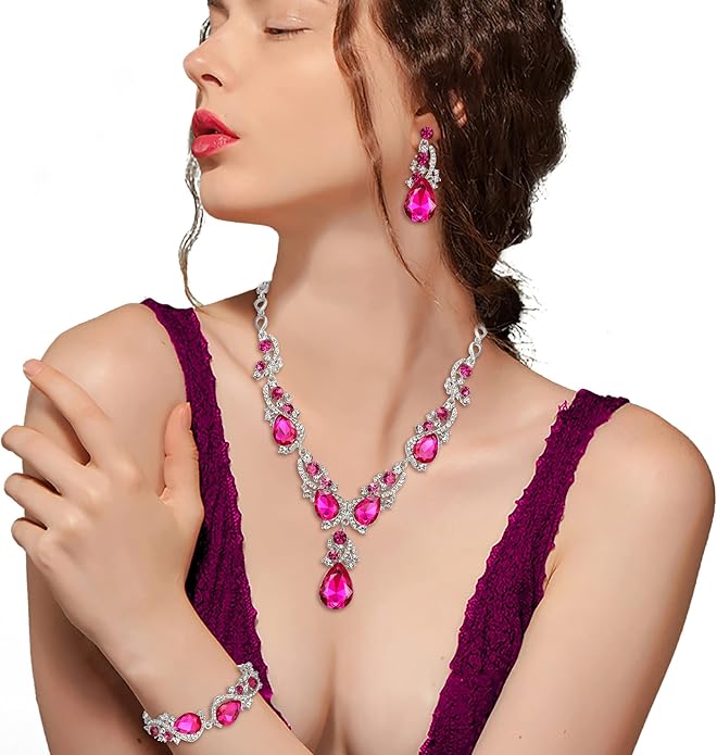 BriLove Wedding Bridal Jewelry for Women Multi Teardrop Cluster Crystal Statement Necklace Dangle Earrings Link Bracelet Set