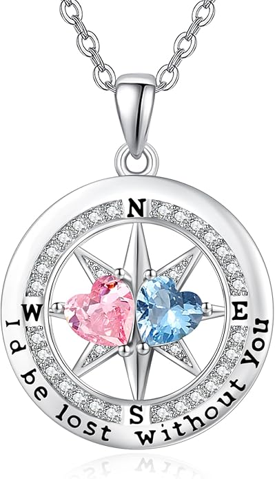 Compass Necklace for Women, Exquisite S925 Valentines Day Anniversary Birthday Gifts for Wife Her Double Birthstone Pendant Jewelry ‘I'd be Lost Without You’