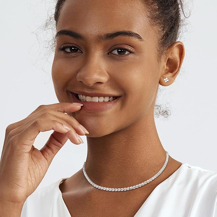 Tennis Necklace Bracelet for Women, Dainty Sterling Sliver Choker Necklace Crystal Link Bracelet Stud Earrings for Women Wedding Jewelry for Bride Jewelry Set Accessories