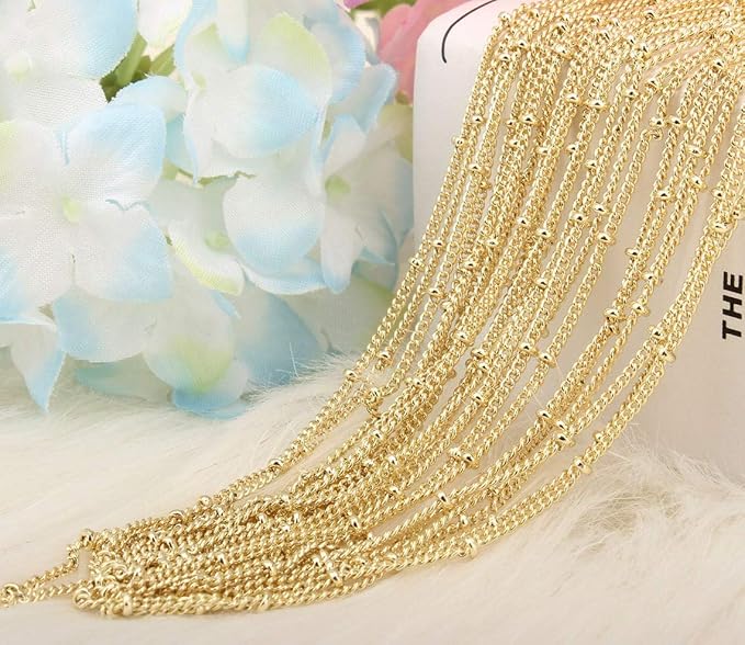 Wholesale 12PCS Gold Plated Solid Brass Satellite Beaded Ball Curb Thin Chain Necklace Bulk for Jewelry Making (16 Inch(1.5mm))