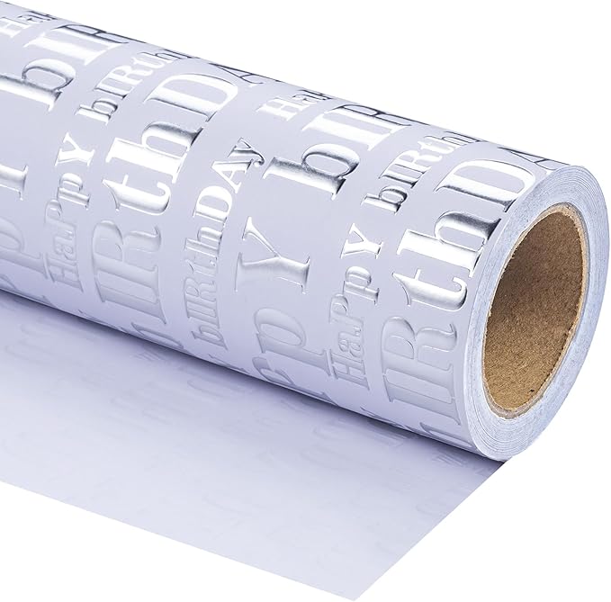 WRAPAHOLIC Jumbo 3D Kraft Birthday Wrapping Paper Roll - 30 Inch x 16.5 Feet - Silver and White Happy Birthday Wrapping Paper with Embossed Perfect for Holiday, Party Celebration