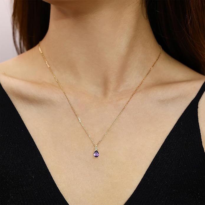 FANCIME 14K Solid Yellow Gold Birthstone Pendant Necklace for Women with Diamond Pear Shaped Teardrop Necklace Birthday Gifts for Mom Women Sterling Silver Chain 16" + 2" Extender