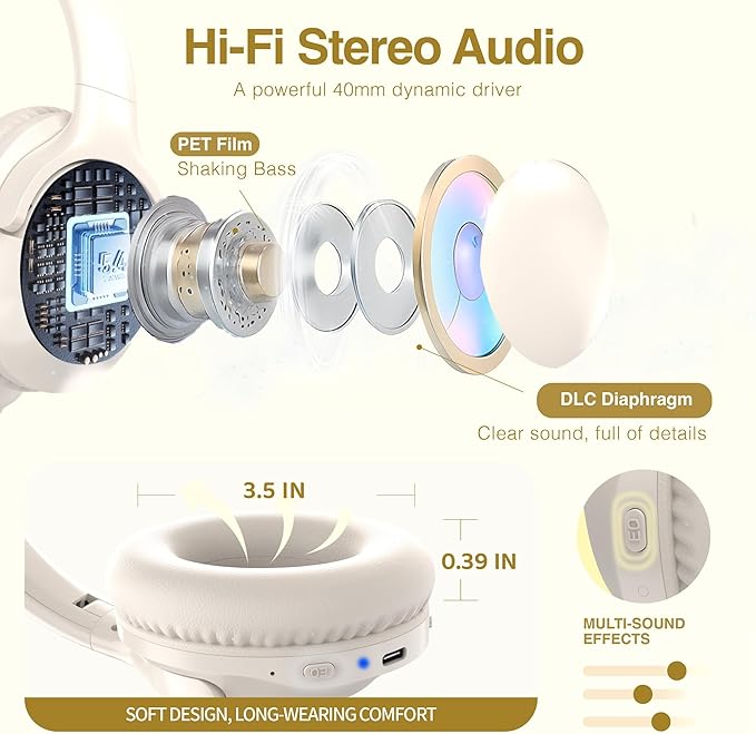 MIDOLA Bluetooth Headphones Over Ear 68H Playtime 6 EQ Wireless Headset with Microphone HiFi Stereo Foldable Lightweight Deep Bass for Travel Home Office Cellphone Milk White