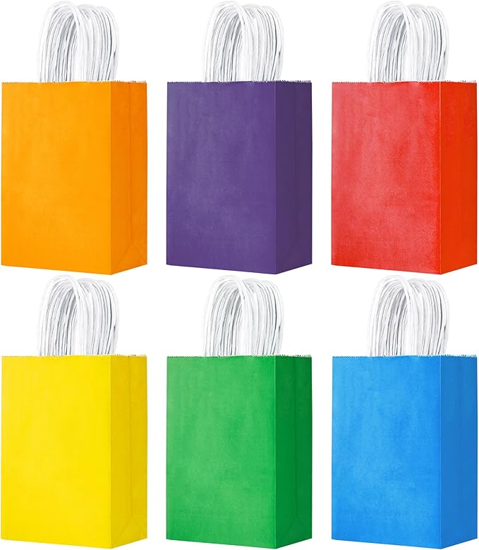 YEEHAW 24 Pack Small Gift Bags 5.8"×3.2"×8.25" Kraft Paper Bags with Handles, Party Favor Bags Bulk for Kids Birthday, Baby Shower, Crafts, Wedding, Party (6 Colors)