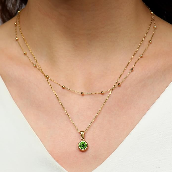 14K Gold-Plated Women's Double-Layer Birthstone Necklace Delicate Round Birthstone Pendant with a Simple Necklace, a Birthday Gift for Women Teenage Girls