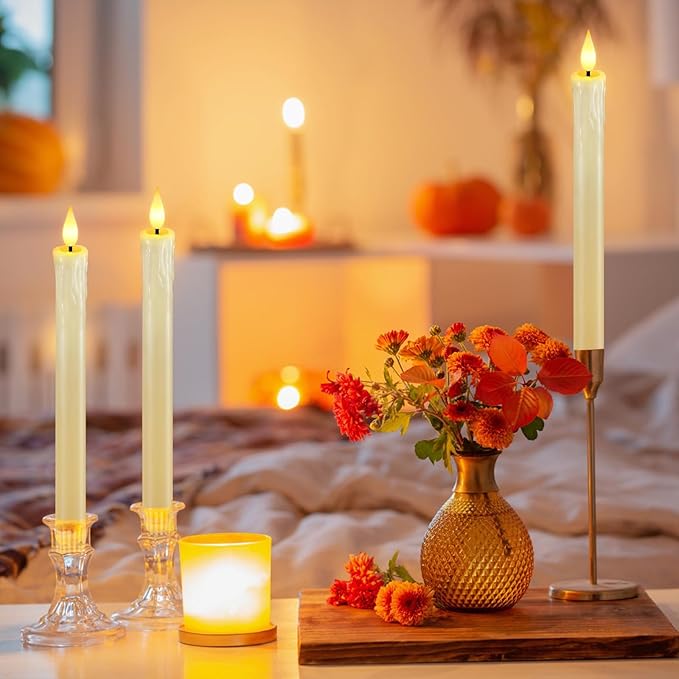 OCATO Flameless Candles with Remote Timer: 8 Pcs Battery Operated Window Candles 9.6" Real Wax LED Flickering Flameless Taper Candles 3D Wick Lights Halloween Christmas Wedding Party Decorations Ivory