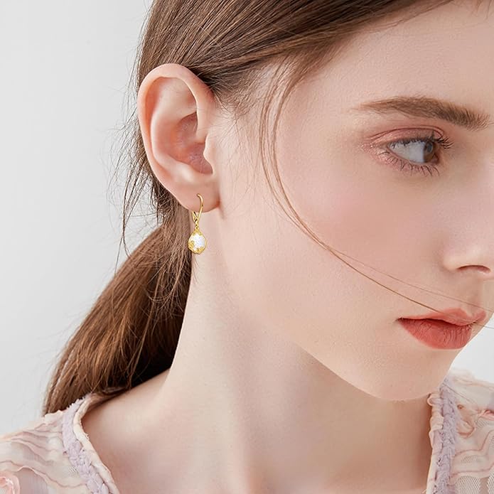 DOVRAN 10K 14K Solid Gold Leverback Earrings for Women Real Yellow Gold Filigree Dangle Earrings Trendy Jewelry Birthday Christmas Gifts for Wife Mom