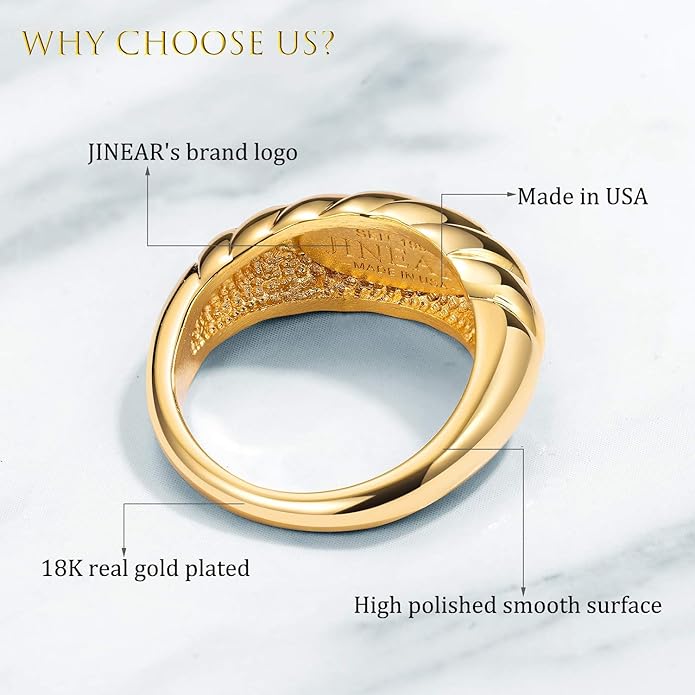 JINEAR 18k Gold Filled Chunky Rings for Women Croissant Dome Statement Ring Trendy Twisted Braided Band Stacking Star Rings Jewelry Gifts